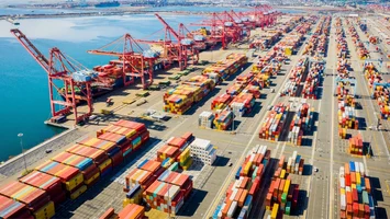 Aerial image of container stacks outside of the Port of Long Beach